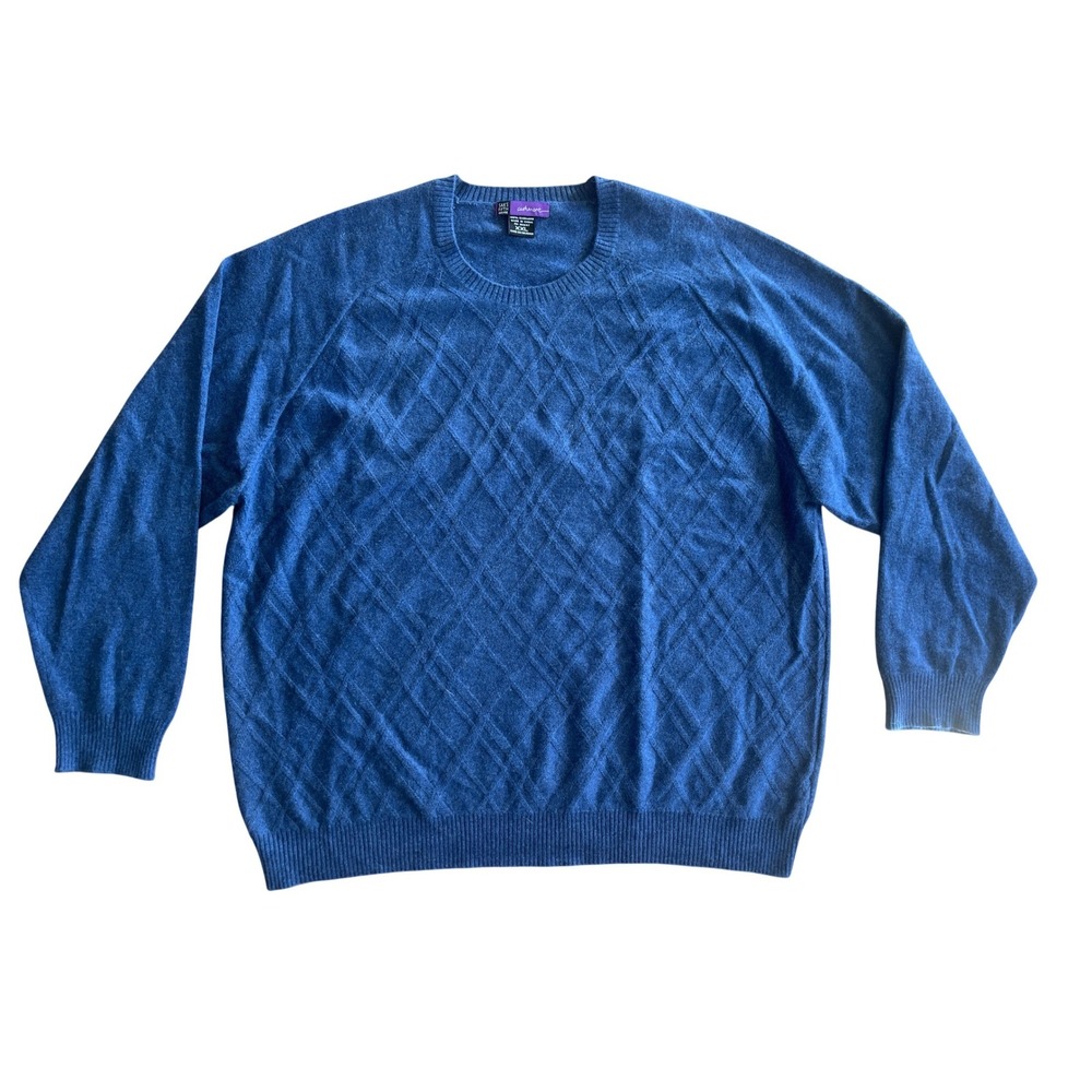Saks Fifth Avenue Mens Blue 100% Cashmere Diamond Knit‎ Crewneck Sweater XXL